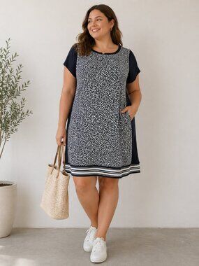 MICHAEL Michael Kors Navy Floral Shift Dress Cap Sleeve Striped Hem Size XL